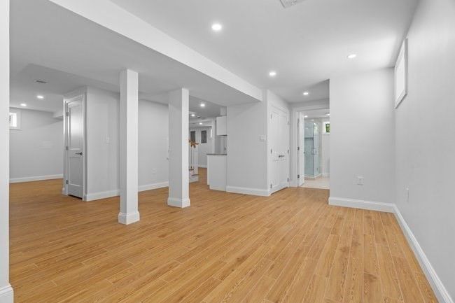 Empty room, Interior, Kitchen, Recessed Lighting, Wood Texture Flooring