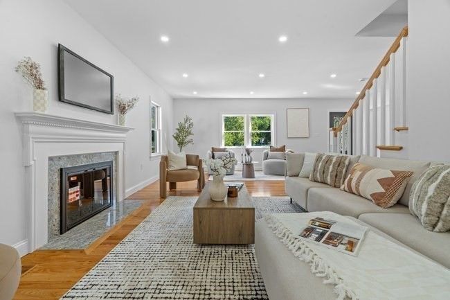 Fireplace, Interior, Living room, Recessed Lighting, Wood Texture Flooring