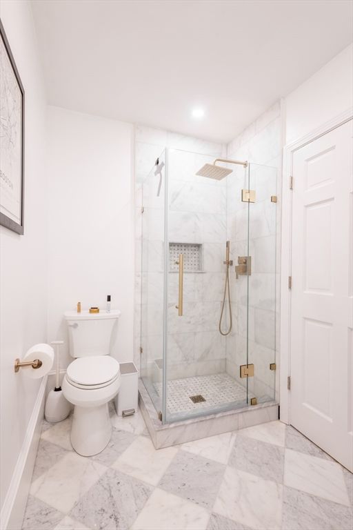 Bathroom, Glass Shower, Interior, Marble, Marble Walls, Recessed Lighting