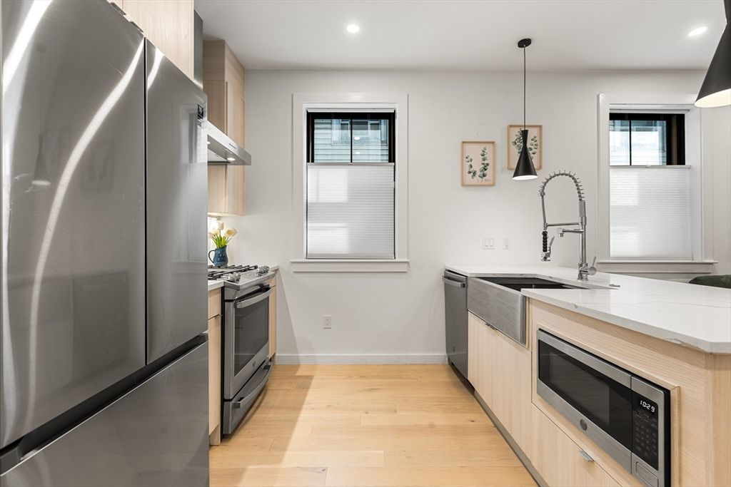 Interior, Kitchen, Pendant Lights, Recessed Lighting, Stainless Steel Appliances, Wood Texture Flooring