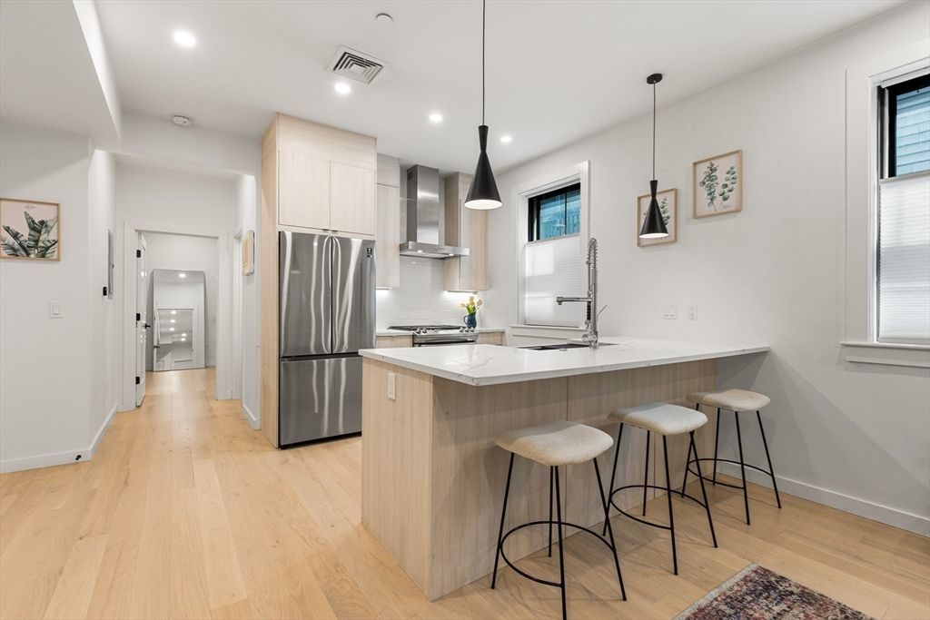 Interior, Kitchen, Pendant Lights, Recessed Lighting, Stainless Steel Appliances, Wood Texture Flooring