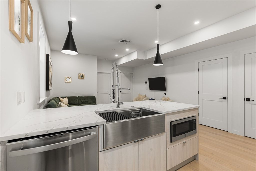 Interior, Kitchen, Pendant Lights, Recessed Lighting, Stainless Steel Appliances, Wood Texture Flooring