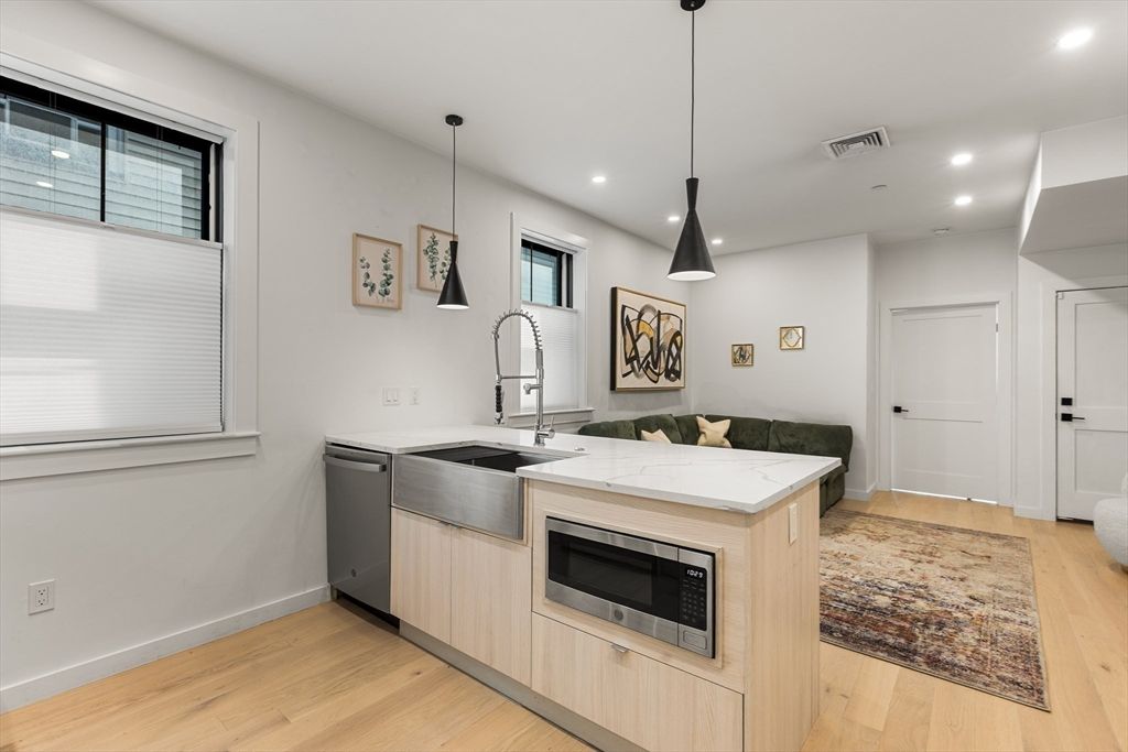 Interior, Kitchen, Pendant Lights, Recessed Lighting, Stainless Steel Appliances, Wood Texture Flooring