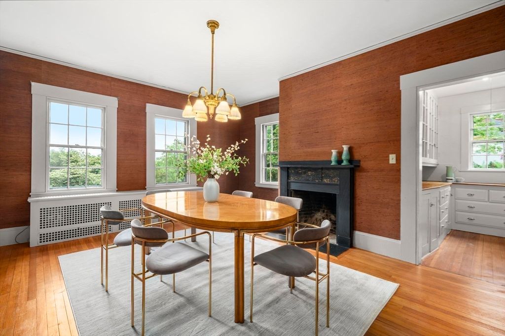 Dining room, Fireplace, Interior, Pendant Lights, Wood Texture Flooring, Wooden Walls