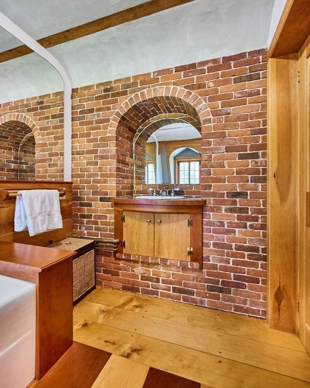 Bathroom, Interior, Stone Walls, Wood Texture Flooring