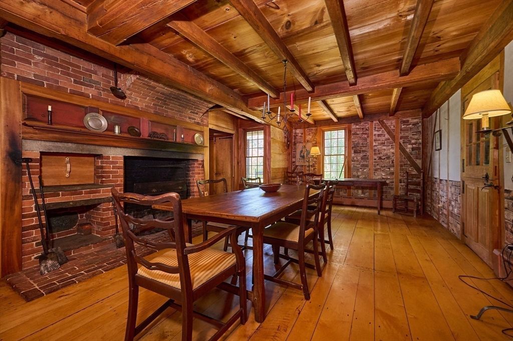 Dining room, Fireplace, Interior, Stone Walls, Wooden Beams, Wooden Ceilings, Wood Texture Flooring