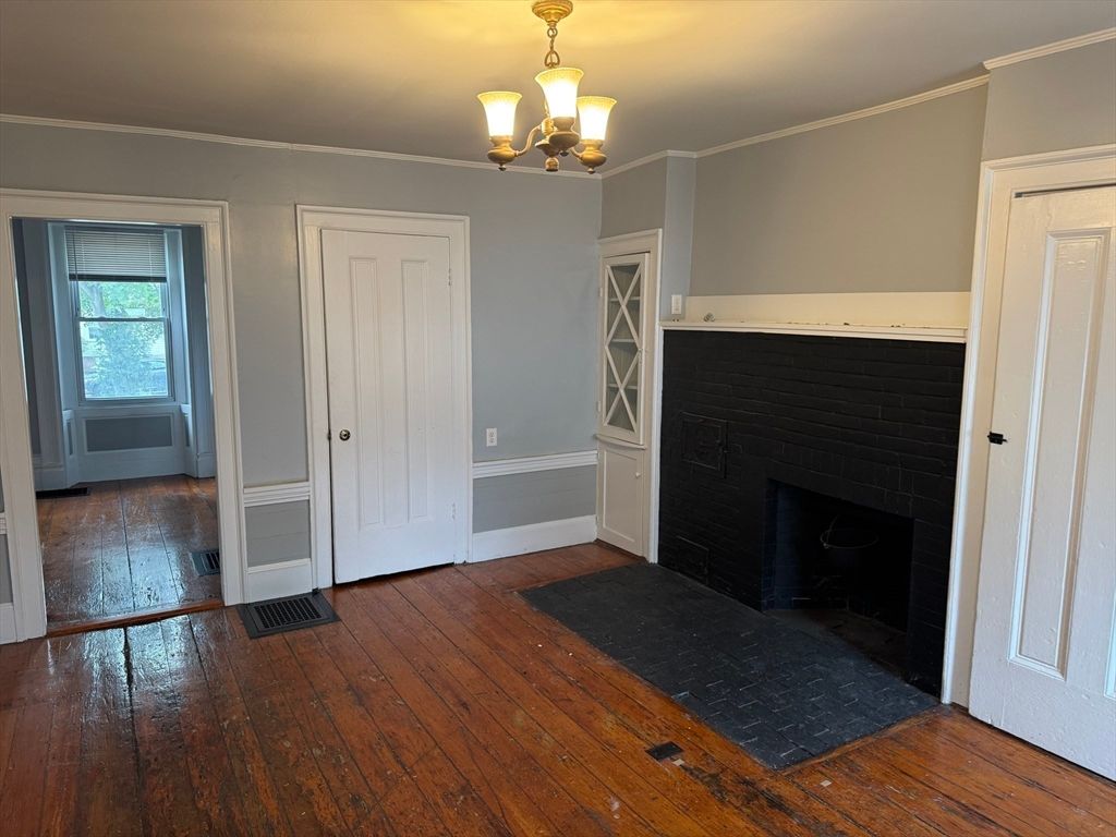 Chandelier, Empty room, Fireplace, Interior, Wood Texture Flooring