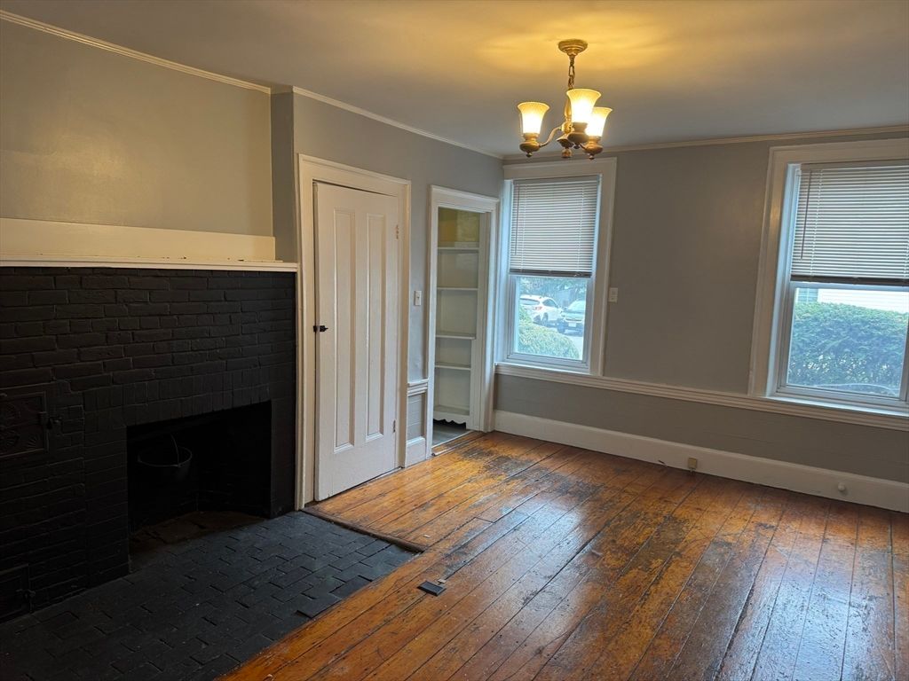 Chandelier, Empty room, Fireplace, Interior, Wood Texture Flooring