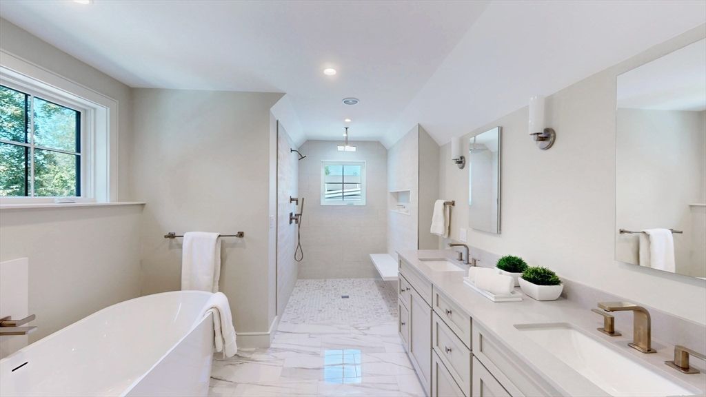 Bathroom, Dual Sink Vanities, Free Standing Baths, Glass Shower, Interior, Marble, Recessed Lighting