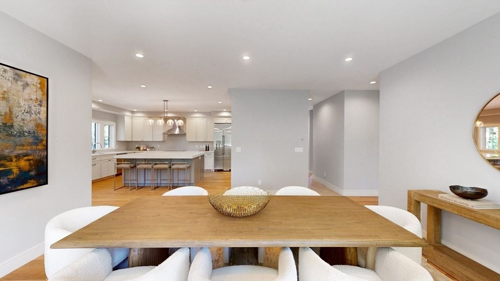 Dining room, Interior, Kitchen, Pendant Lights, Recessed Lighting, Wood Texture Flooring