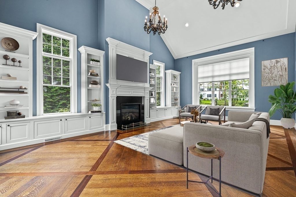 Chandelier, Fireplace, Interior, Living room, Recessed Lighting, Wood Texture Flooring