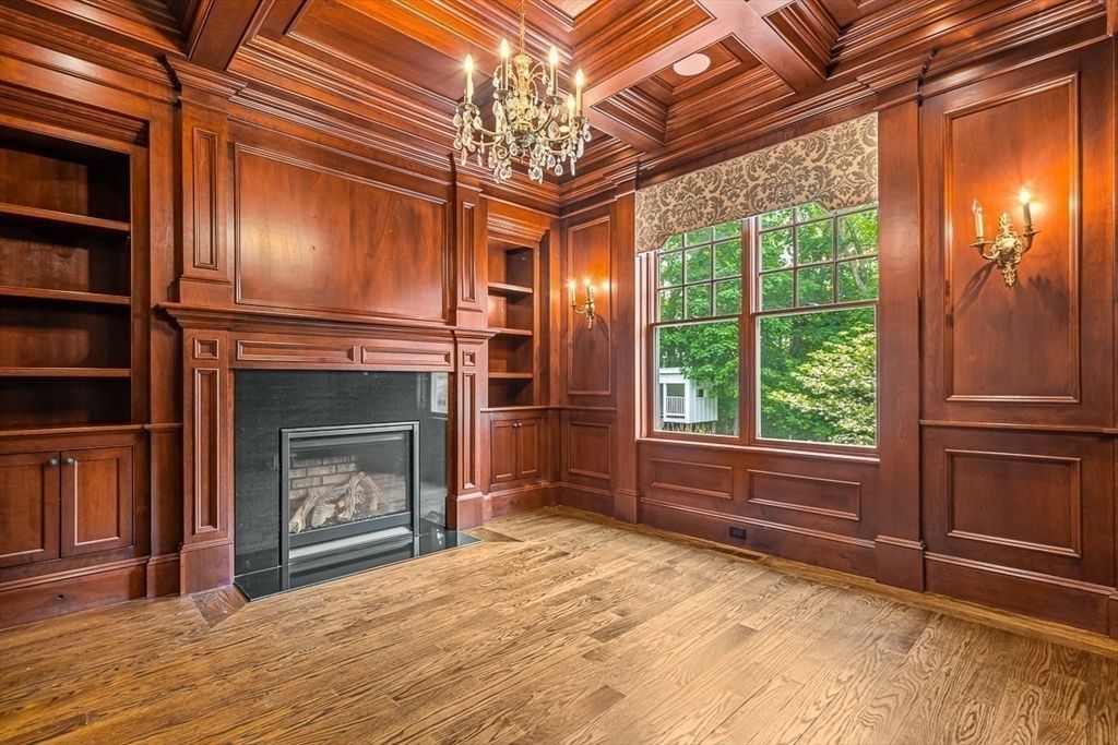 Chandelier, Fireplace, Interior, Recessed Lighting, Wooden Beams, Wooden Ceilings, Wood Texture Flooring, Wooden Walls