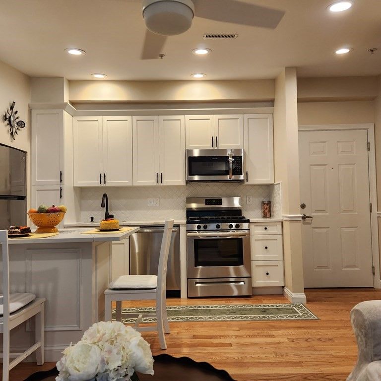 Interior, Kitchen, Recessed Lighting, Stainless Steel Appliances, Wood Texture Flooring