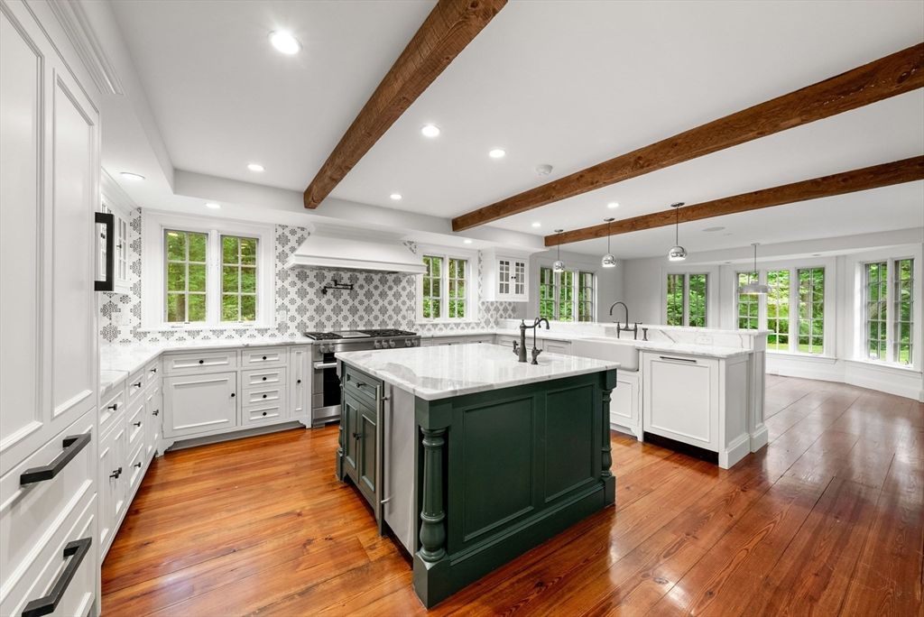 Interior, Kitchen, Pendant Lights, Recessed Lighting, Stainless Steel Appliances, Wooden Beams, Wood Texture Flooring