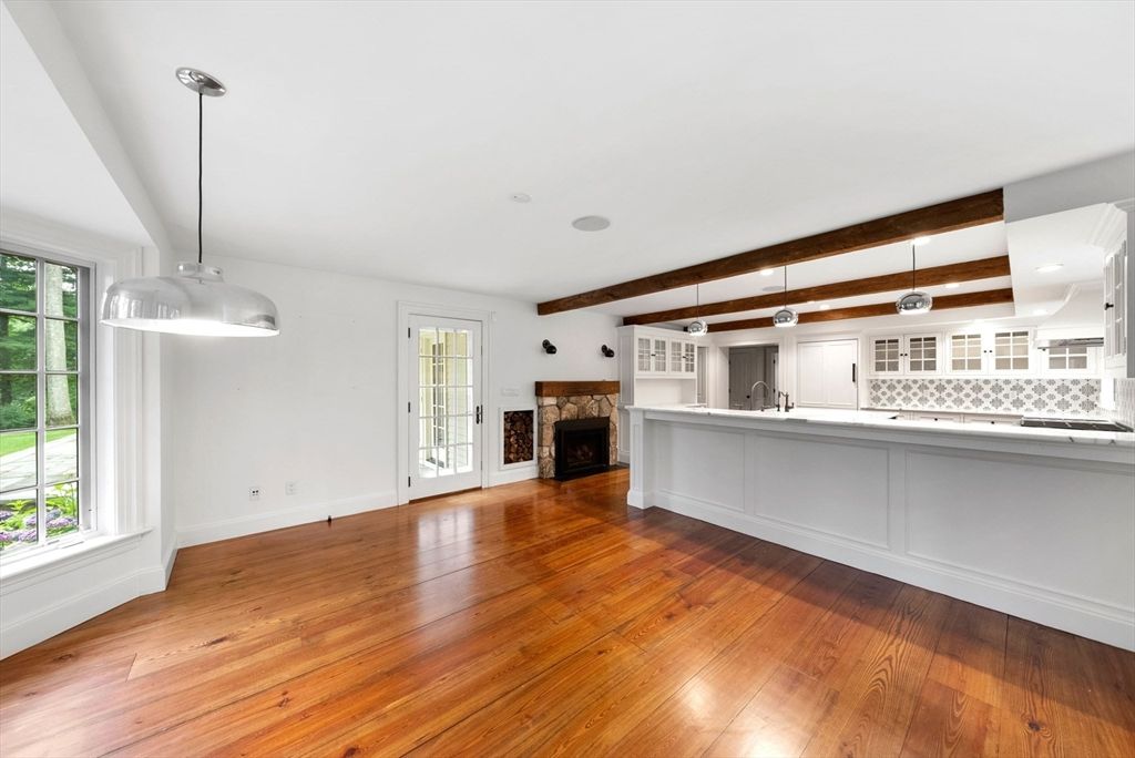 Fireplace, Interior, Pendant Lights, Wooden Beams, Wood Texture Flooring