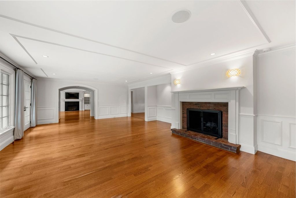 Empty room, Fireplace, Interior, Recessed Lighting, Wood Texture Flooring