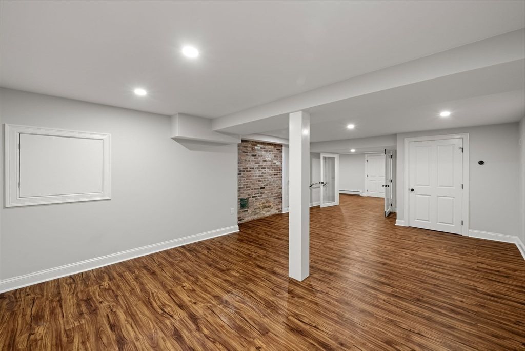 Empty room, Interior, Recessed Lighting, Stone Walls, Wood Texture Flooring