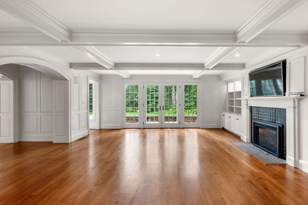 Empty room, Fireplace, Interior, Recessed Lighting, Wood Texture Flooring
