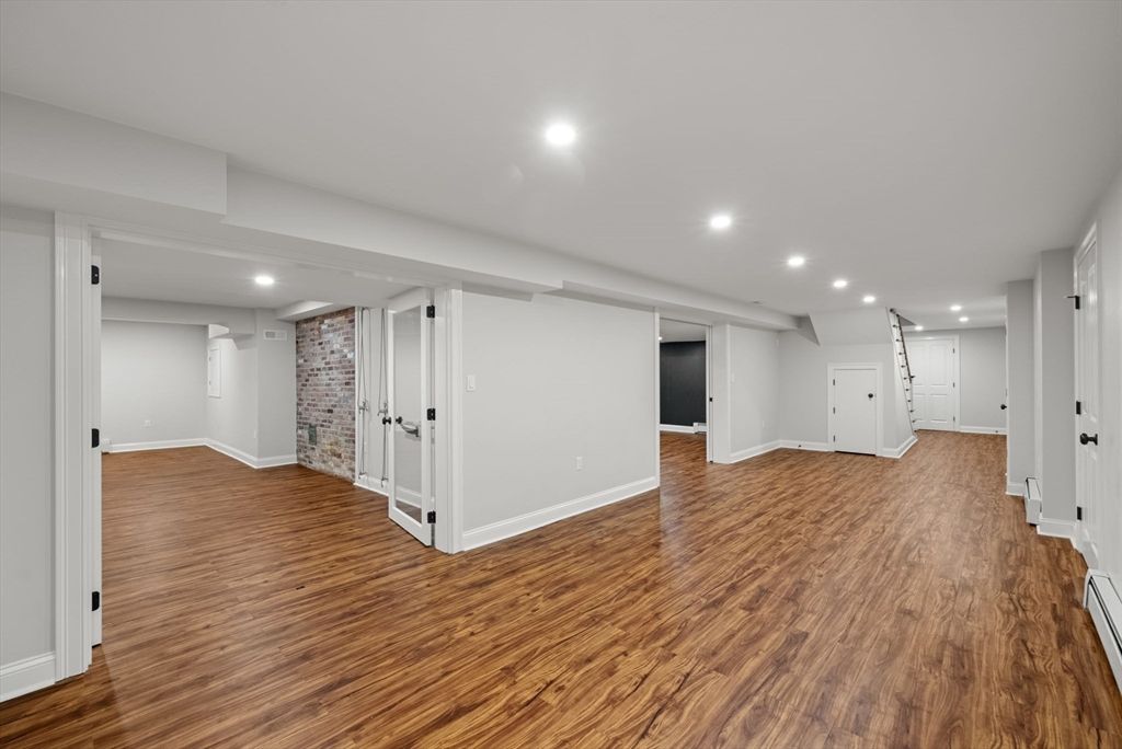 Empty room, Interior, Recessed Lighting, Stone Walls, Wood Texture Flooring