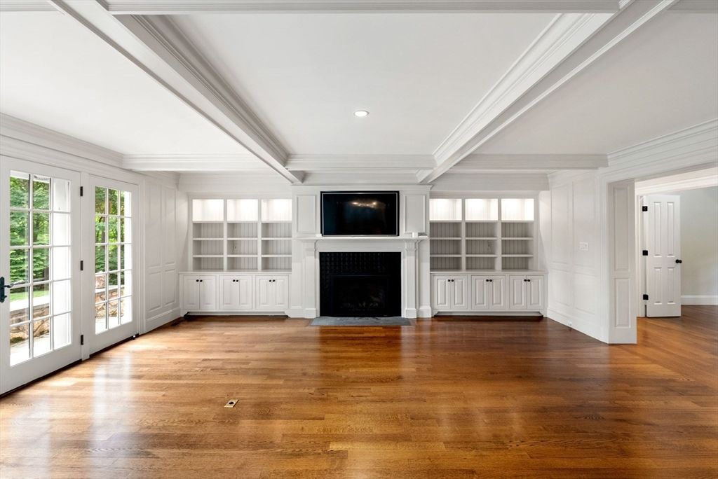 Empty room, Fireplace, Interior, Recessed Lighting, Wood Texture Flooring