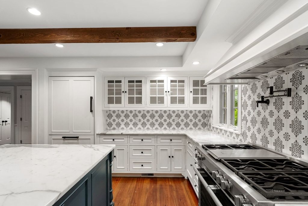 Interior, Kitchen, Recessed Lighting, Stainless Steel Appliances, Wooden Beams, Wood Texture Flooring