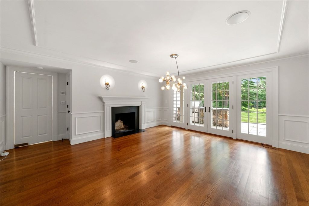 Empty room, Fireplace, Interior, Pendant Lights, Wood Texture Flooring