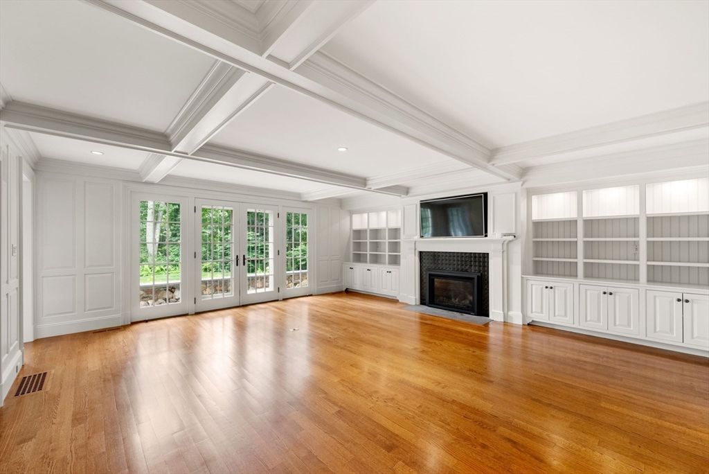 Empty room, Fireplace, Interior, Recessed Lighting, Wood Texture Flooring