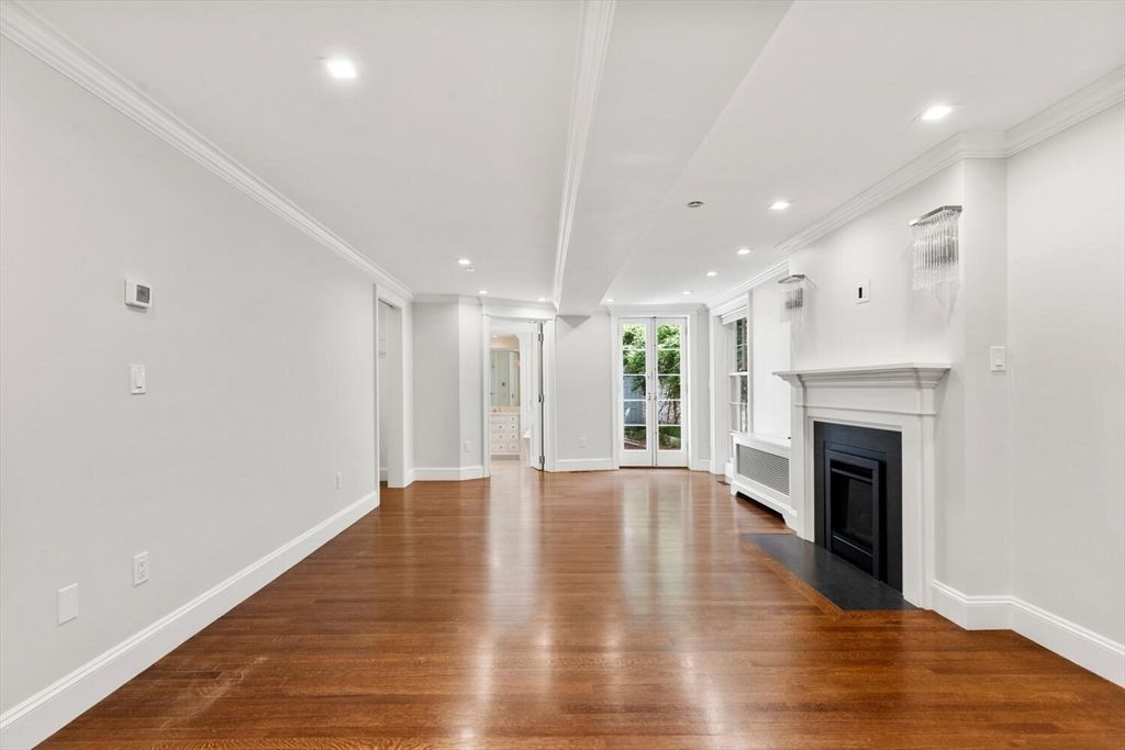Empty room, Fireplace, Interior, Recessed Lighting, Wood Texture Flooring