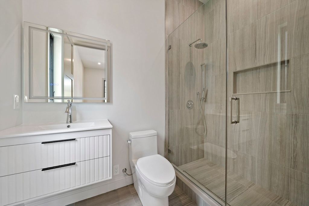 Bathroom, Glass Shower, Interior, Recessed Lighting, Wood Texture Flooring