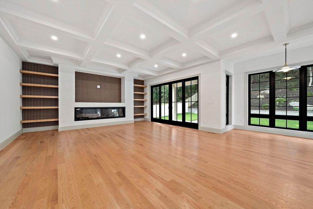 Empty room, Fireplace, Interior, Pendant Lights, Recessed Lighting, Wood Texture Flooring