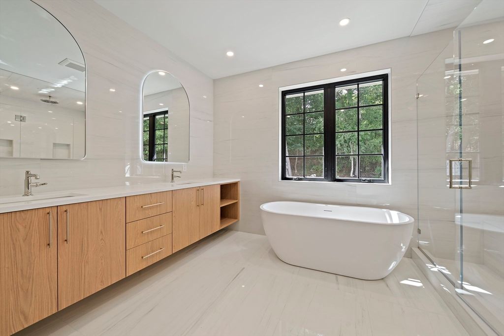 Bathroom, Dual Sink Vanities, Free Standing Baths, Glass Shower, Interior, Marble, Recessed Lighting