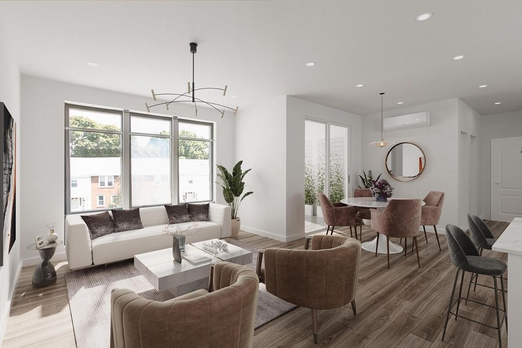 Dining room, Interior, Living room, Pendant Lights, Recessed Lighting, Wood Texture Flooring