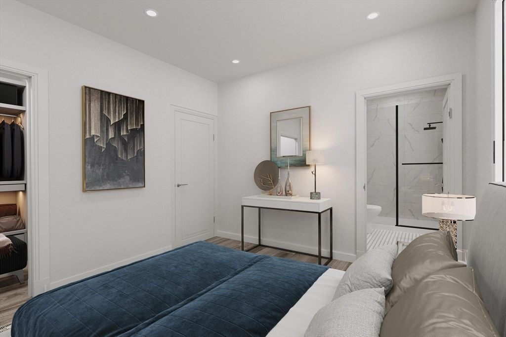 Bedroom, Interior, Marble Walls, Recessed Lighting, Wood Texture Flooring