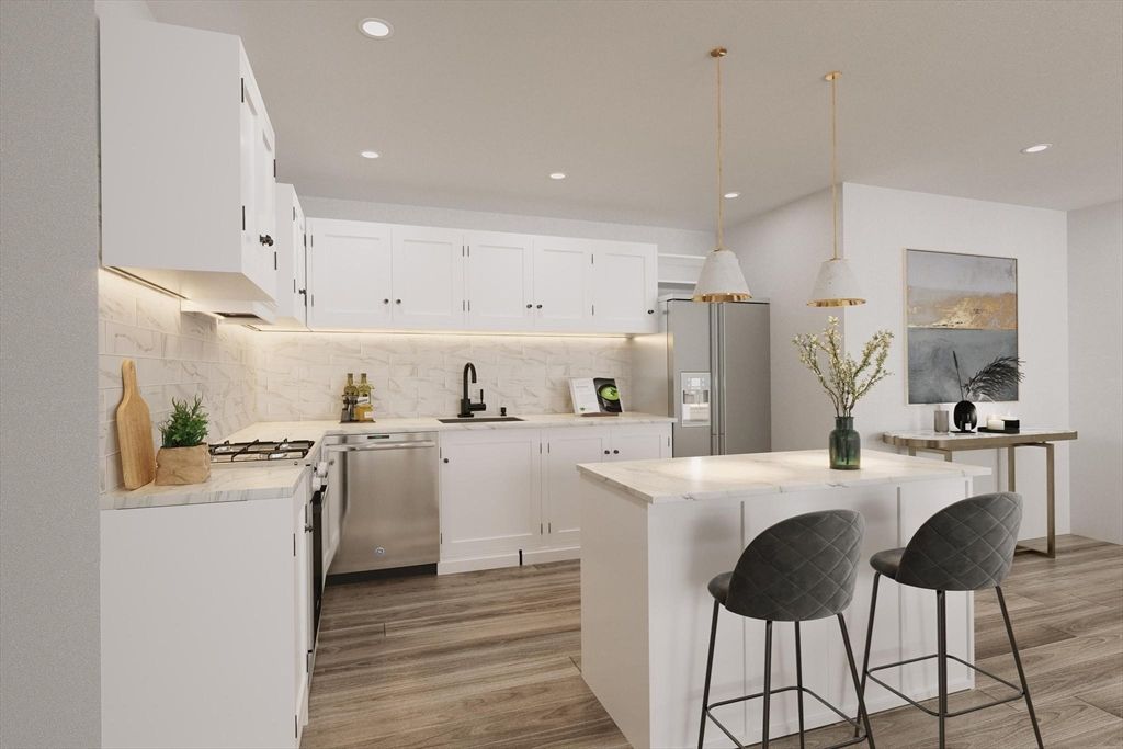 Interior, Kitchen, Marble Walls, Pendant Lights, Recessed Lighting, Stainless Steel Appliances, Wood Texture Flooring