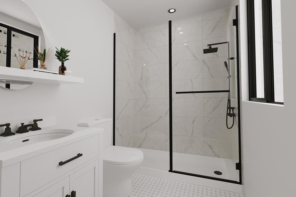 Bathroom, Glass Shower, Interior, Marble Walls, Recessed Lighting