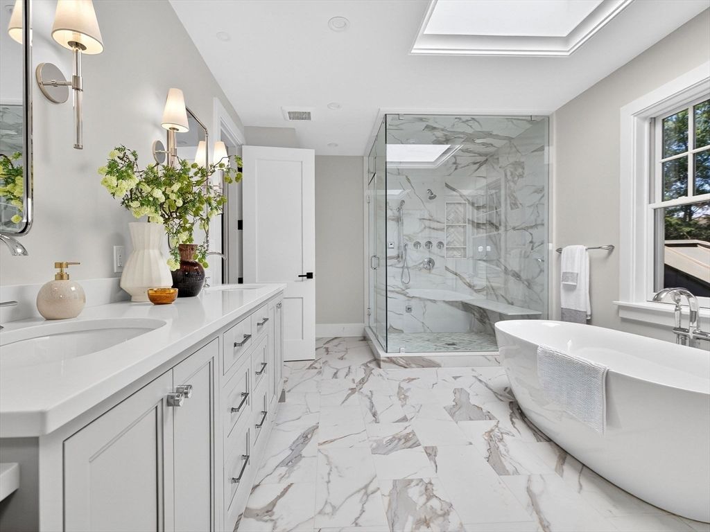 Bathroom, Dual Sink Vanities, Free Standing Baths, Glass Shower, Interior, Marble, Marble Walls, Recessed Lighting