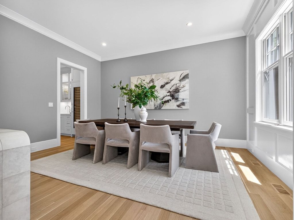 Dining room, Interior, Recessed Lighting, Wood Texture Flooring