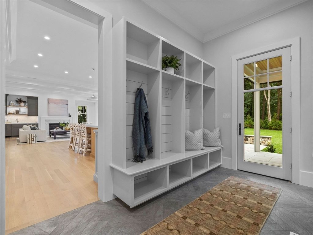 Fireplace, Interior, Living room, Recessed Lighting, Wood Texture Flooring