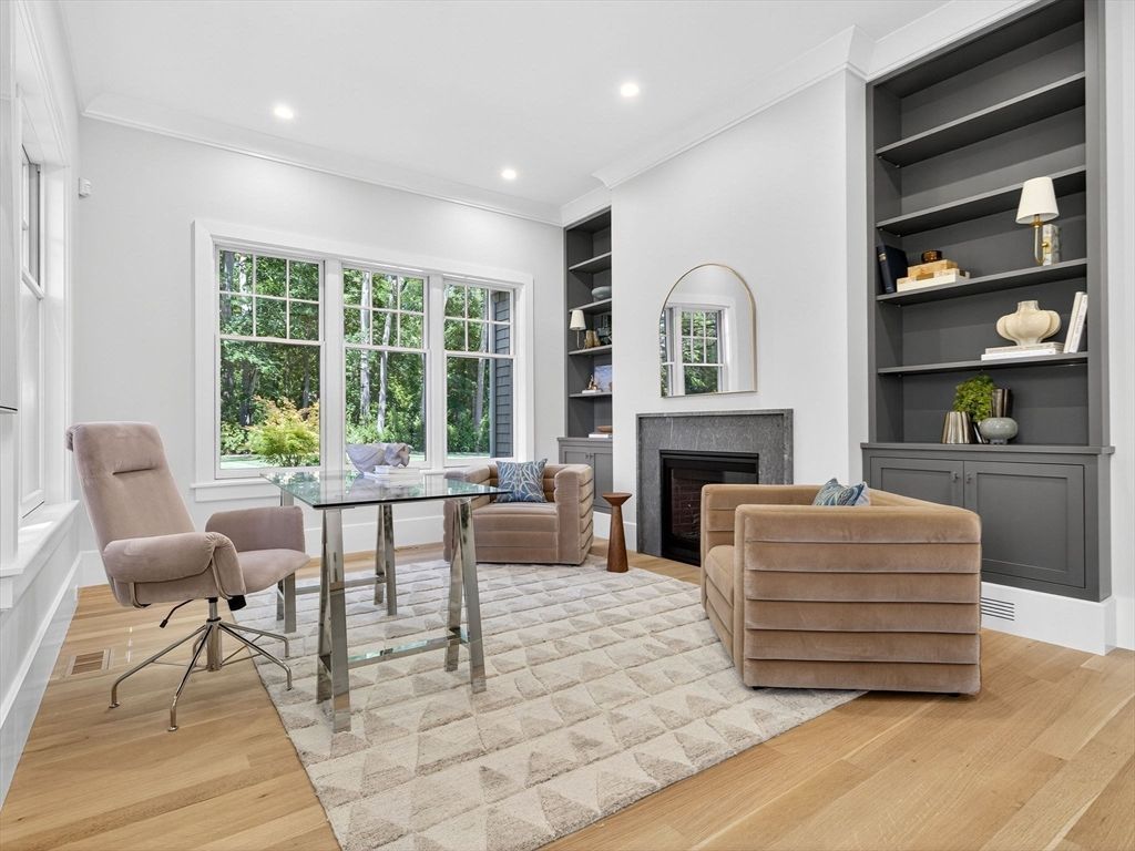 Fireplace, Home Office, Interior, Living room, Recessed Lighting, Wood Texture Flooring