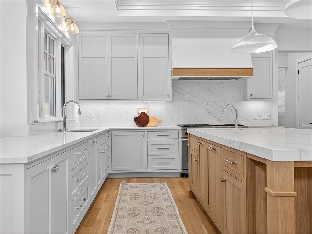 Interior, Kitchen, Marble Walls, Pendant Lights, Wood Texture Flooring