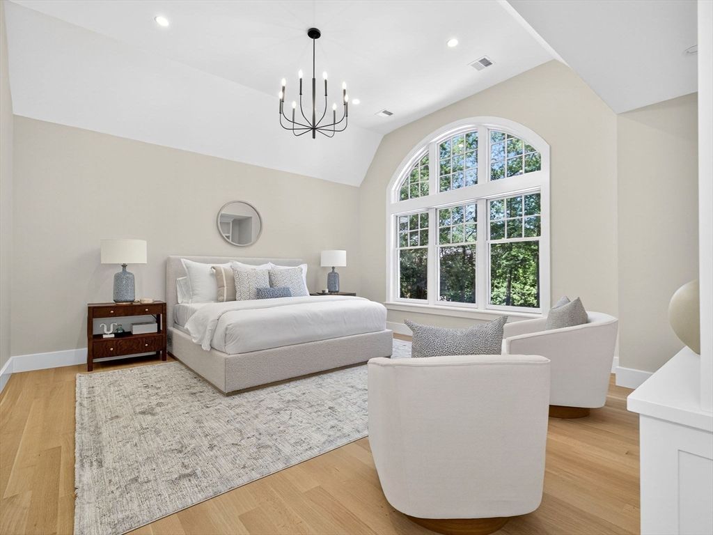 Bedroom, Interior, Pendant Lights, Recessed Lighting, Wood Texture Flooring