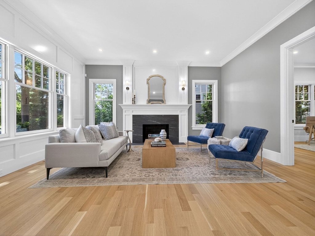 Fireplace, Interior, Living room, Recessed Lighting, Wood Texture Flooring