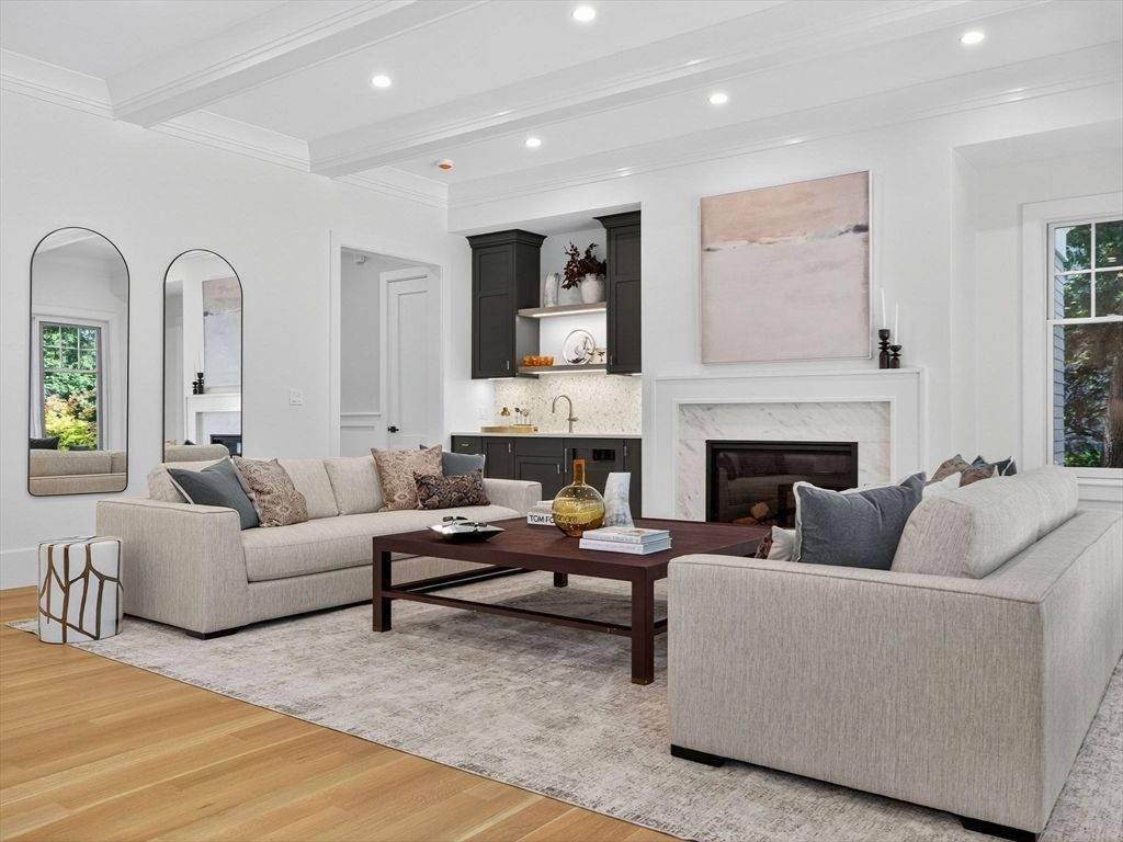 Fireplace, Interior, Living room, Recessed Lighting, Wood Texture Flooring