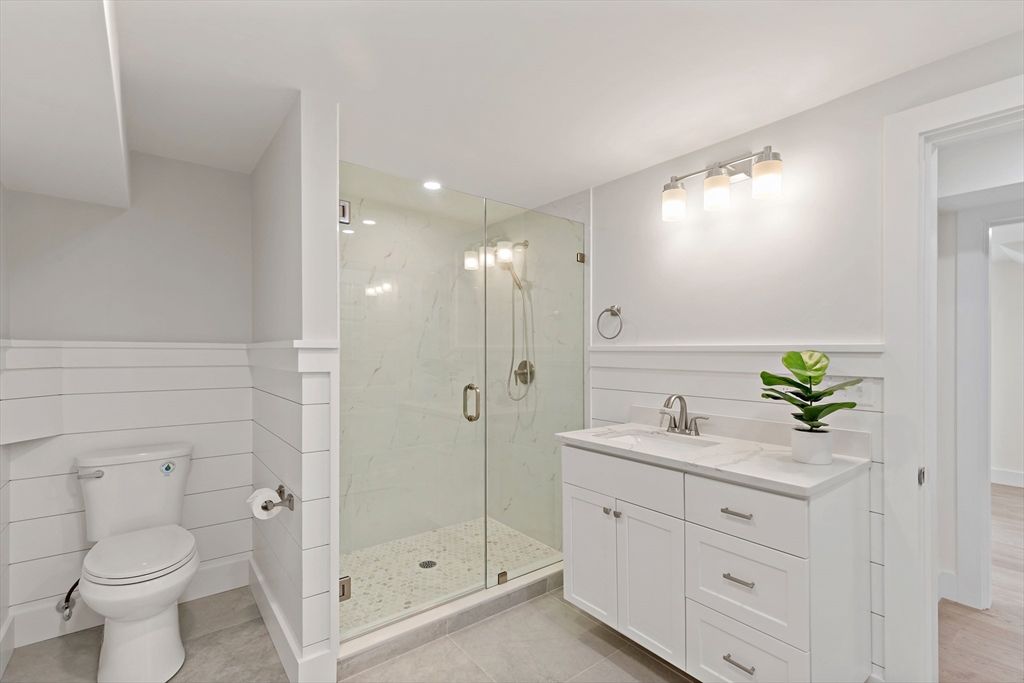 Bathroom, Glass Shower, Interior, Marble Walls, Recessed Lighting