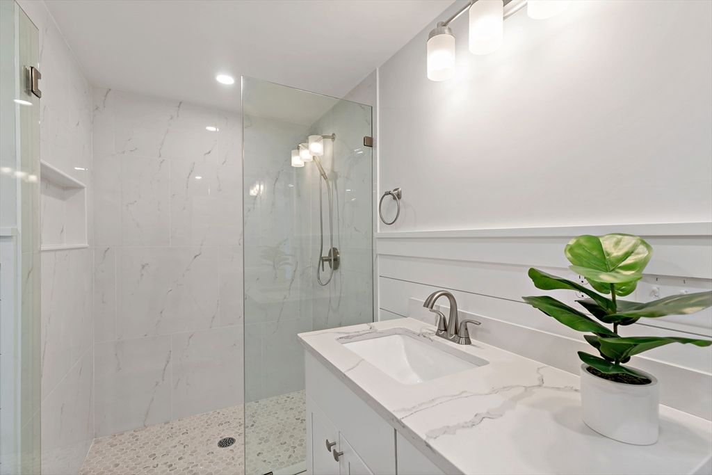 Bathroom, Glass Shower, Interior, Marble Walls, Recessed Lighting