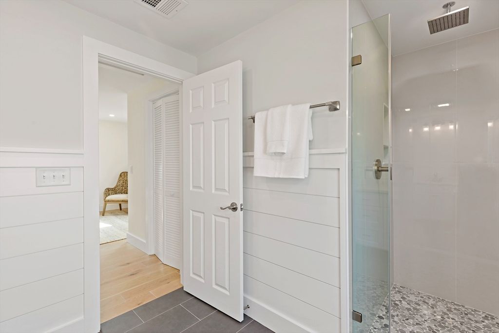 Bathroom, Glass Shower, Interior, Wood Texture Flooring