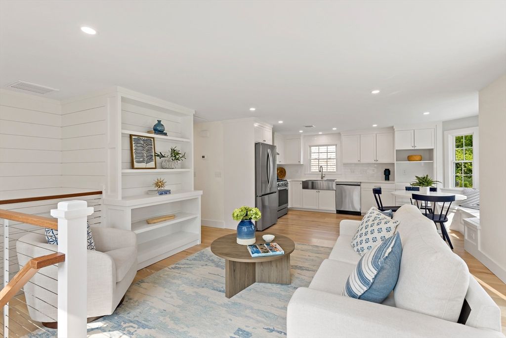 Dining room, Interior, Kitchen, Living room, Recessed Lighting, Stainless Steel Appliances, Wood Texture Flooring