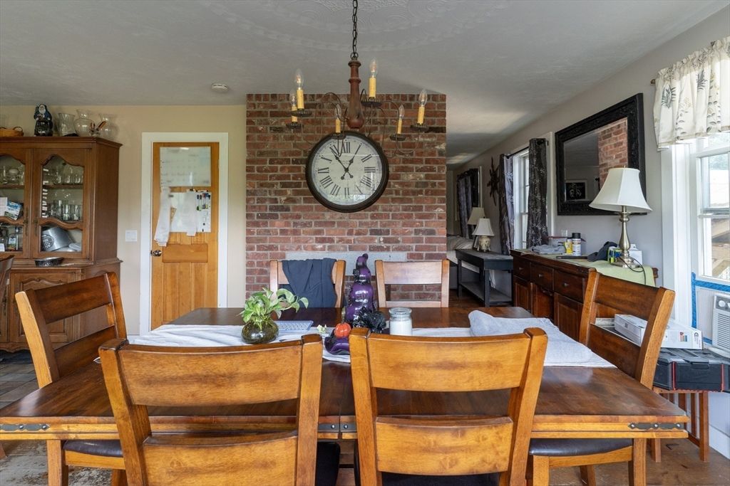 Chandelier, Dining room, Interior, Stone Walls, Wood Texture Flooring