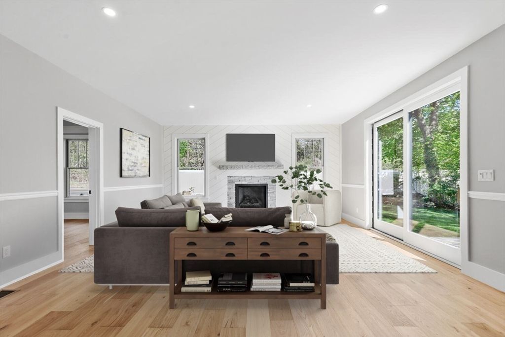 Fireplace, Interior, Living room, Recessed Lighting, Wood Texture Flooring