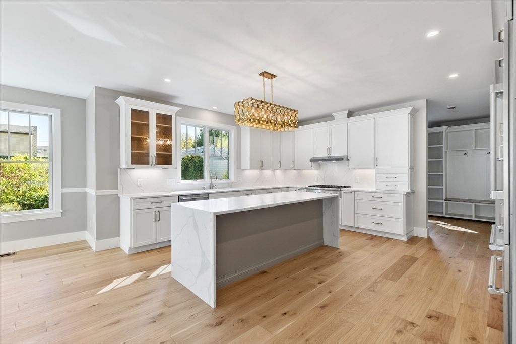 Chandelier, Interior, Kitchen, Pendant Lights, Recessed Lighting, Wood Texture Flooring